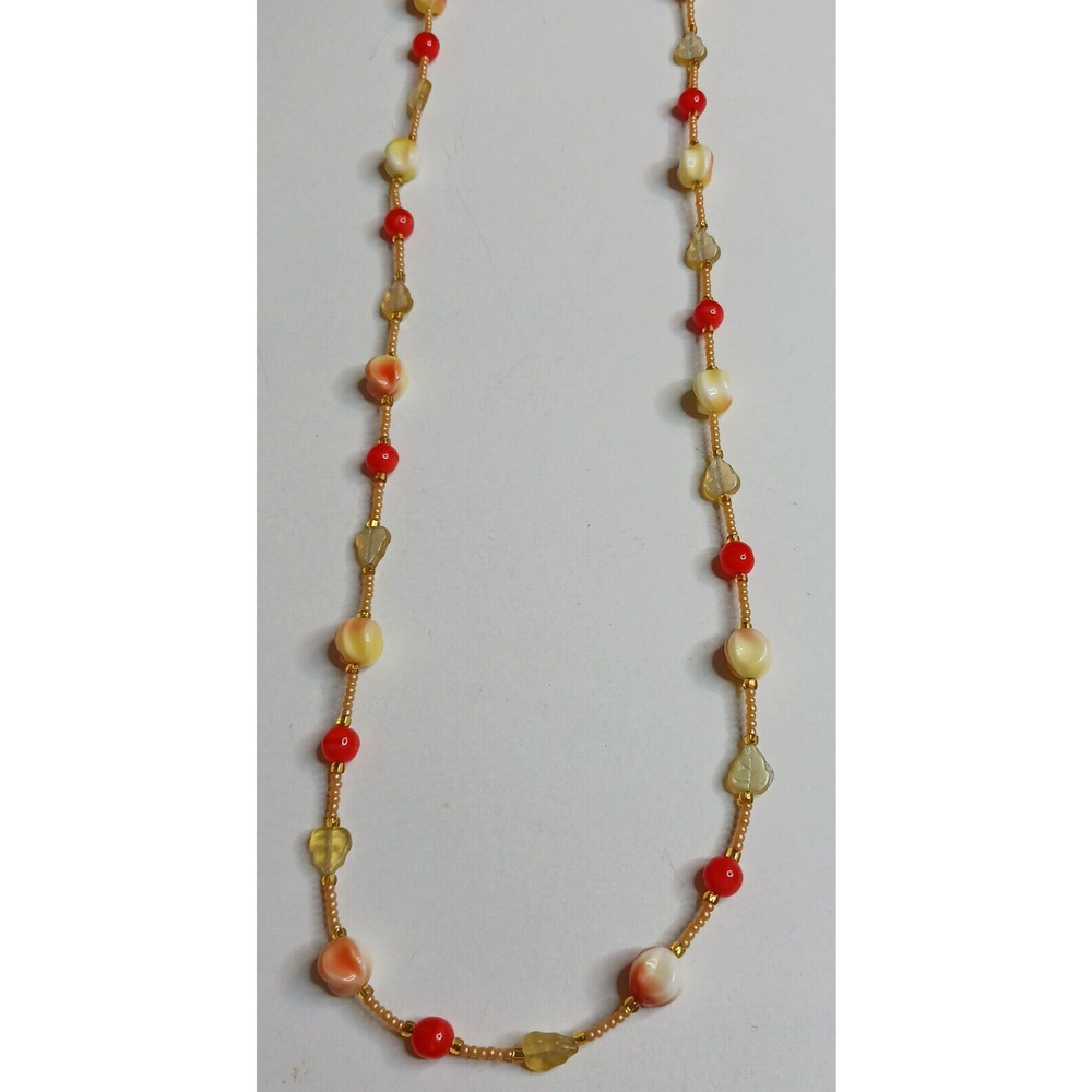 Vintage Orange White Glass Seed Leaf Bead Necklace Womens Fashion Jewelry 30"
